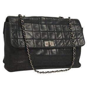 CHANEL Chain Choco Bar line Shoulder Bag Lamb Skin Black Gold CC Auth
